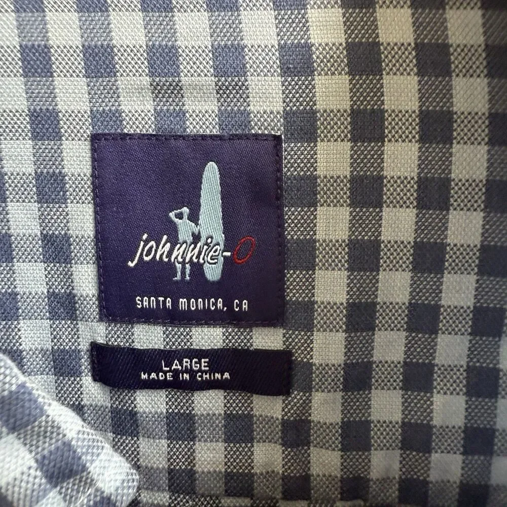 Johnnie-O Mens Long Sleeve Button Down Shirt Blue Plaid Surfer Logo Cotton Large
